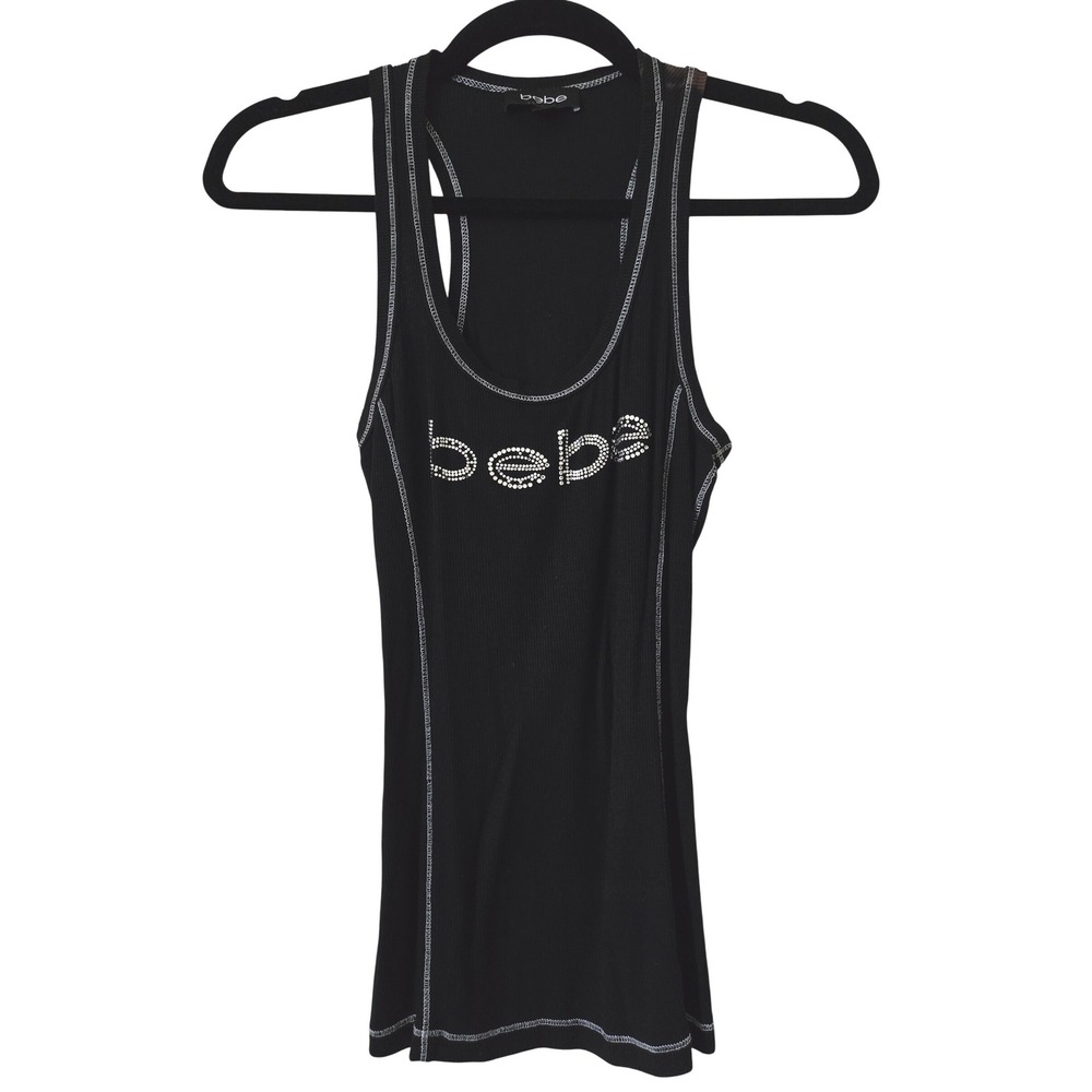 Vintage 90s Y2K bebe Womens M Tank Top Black Rhinestone Logo Contrast Stitch